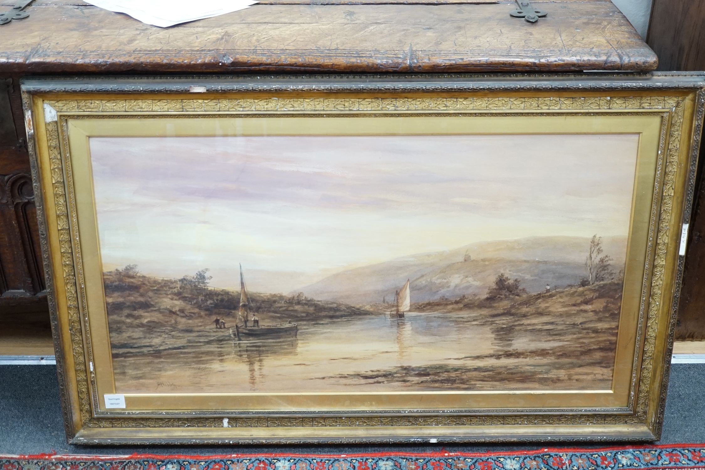 Richard Henry Nibbs (1816-1893), watercolour, Extensive river landscape, signed and dated 1881, 53 x 102cm, gilt framed. Condition - poor